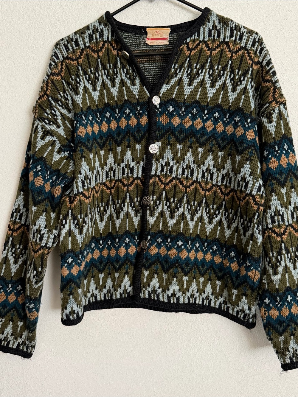 Vintage Jantzen Olive Fair Isle Button Cardigan with Blue and Tan Accents